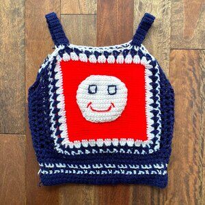 70s vintage multicolor smiley happy face hand knit crochet tank crop top